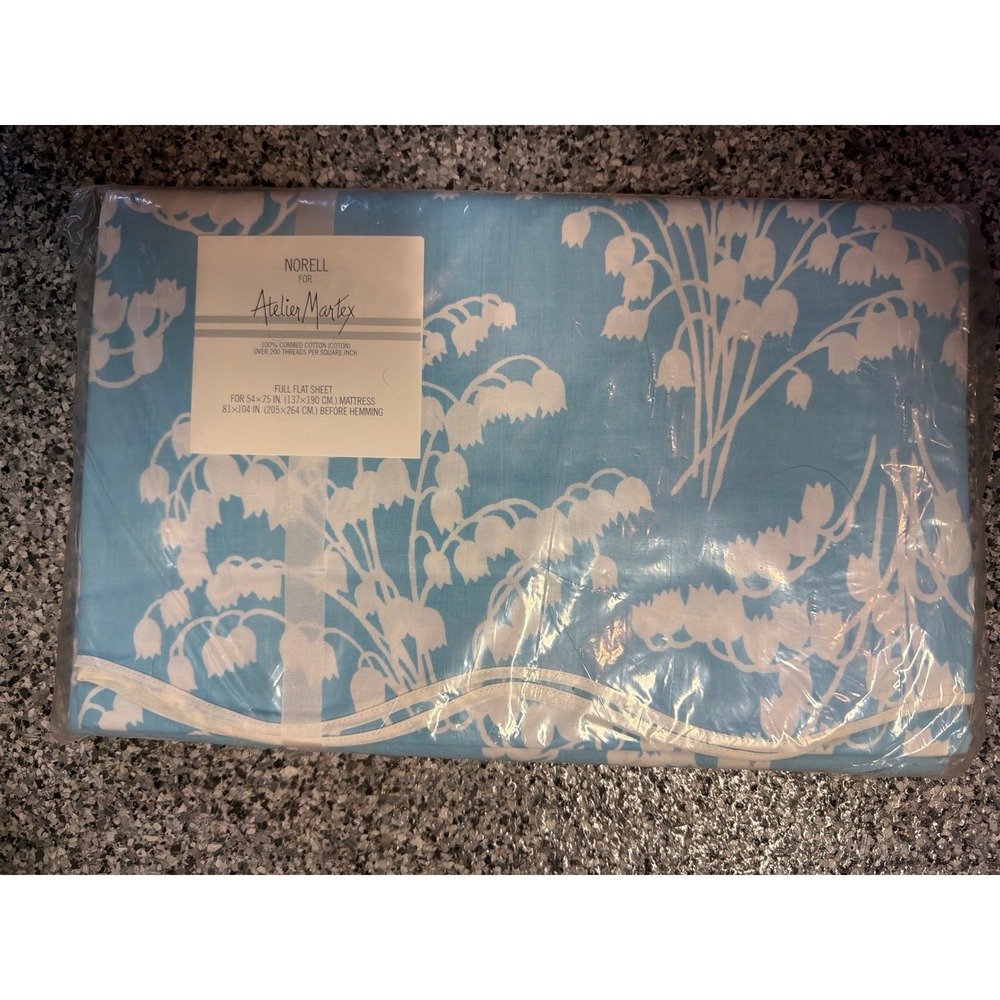 Vintage Norell Atelier Martex Full Flat Sheet Blue Lily of the Valley Cotton NOS